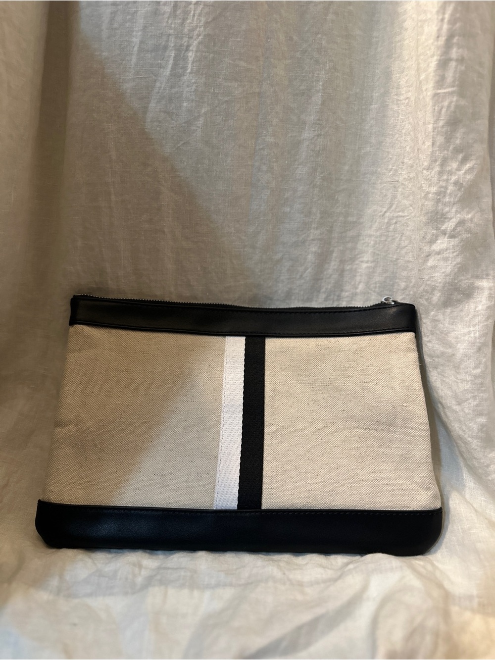 Canvas and Leather Stripe Clutch in Cream and Black